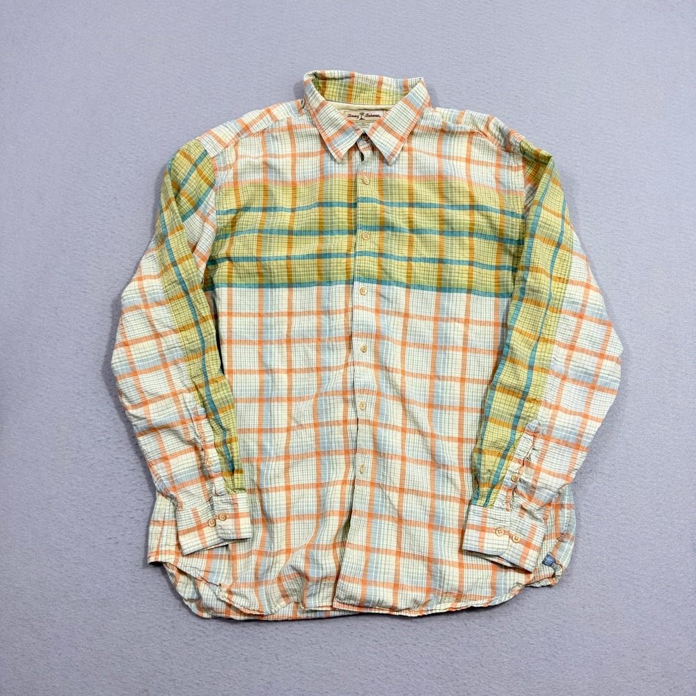 Tommy Bahama Button Up Men XL Orange Plaid Tencel Cotton Long Sleeve Shirt